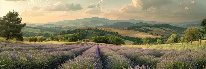 A vibrant lavender field stretches as far as the eye can see, with majestic mountains providing a stunning backdrop under the clear blue sky