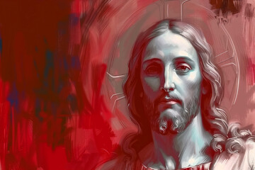 A Modern style Portrait of Jesus, radiating the divine light of God's Son, encapsulate the essence of the Resurrection, embodying faith, spirituality, and the everlasting hope and trust in the Divine. - obrazy, fototapety, plakaty
