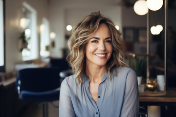 Happy Caucasian Woman, a Portrait of Attractive Beauty and Elegant Confidence, Sitting at Home, Positively Smiling with Natural Joy
