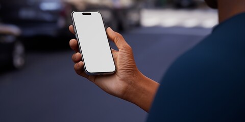 Black African-American hand displays a modern smartphone with a blank screen  - 758814700