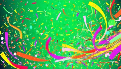 a festive and colorful party with flying neon confetti on a green background
