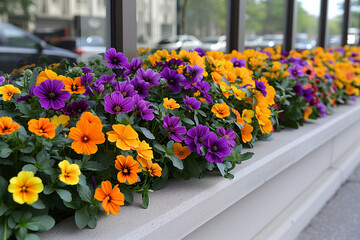 Blooming cosmos flowers in window planter boxes adorning city buildings. 