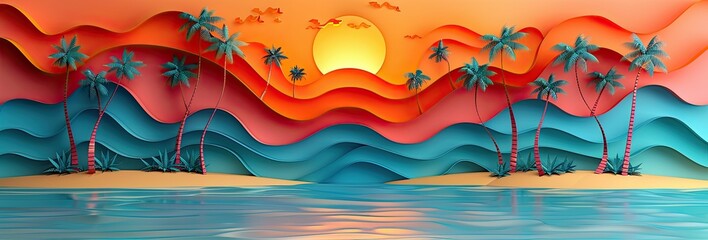 Sunset over the sea with palm trees. A paper-cut drawing in the style of paper art. The concept of a travel agency