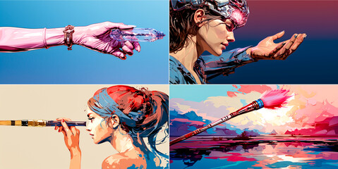 The brush strokes create a unique and futuristic look for the robot. A woman's hand adds a touch of femininity to the design. The flat shading style gives the illustration a modern and artistic look.