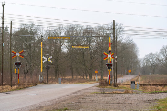 Road crossing railroad with barriers and signals
