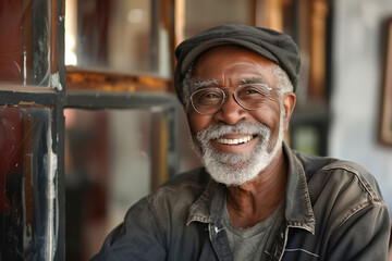 Smiling Black Senior Man Posing Happily in Room - obrazy, fototapety, plakaty