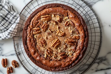 Delicious coffee walnut cake on a cooling rack, viewed from above