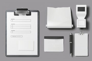 Three-dimensional modern set of cash receipt on clipboard, purchase bill invoice, supermarket shopping retail sum check, and total cost store sale payment.
