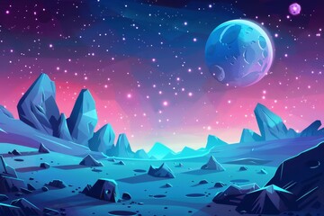 Modern cartoon fantasy illustration of blue galaxy sky with gas giant and moon, and ground surface with rocks. Space background with craters and cracks.