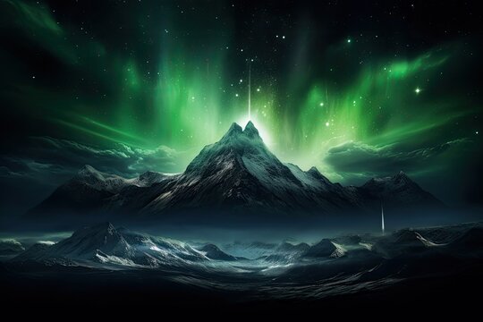Northern Lights Glow Over Mountain Peak. Green Aurora Borealis with Meteor, Night Landscape Background