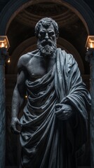 Fototapeta premium Mysterious ancient greek, roman male stoic statue, sculpture in dramatic lighting, shadows highlighting the impressive muscular build and classical beauty. 