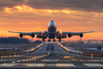 Large Jetliner Taking Off from Airport Runway under Sunlight - obrazy, fototapety, plakaty