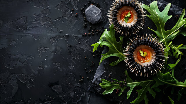 Delicious fresh sea urchins on a black table with greens. View from above. Copy space. Exquisite cuisine. Generative AI