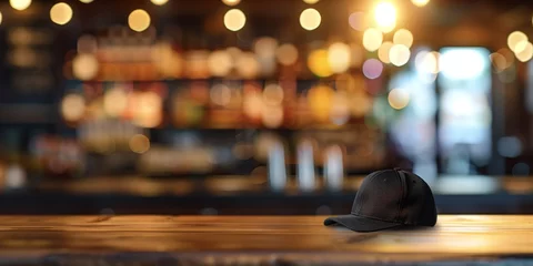Poster black cap on a wooden bar counter mockup Generative AI © València