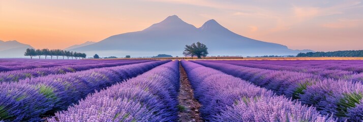 A vast field of blooming lavender stretches towards distant mountains under a serene sky