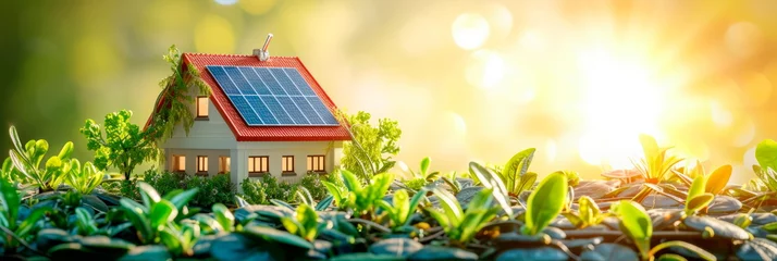 Foto op Canvas background with a sustainable home featuring solar panels, rainwater harvesting, and green landscaping, illustrating eco-friendly living . © Maximusdn