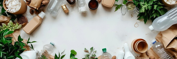 background with a zero-waste lifestyle theme, showcasing reusable items, composting bins, and sustainable alternatives to single-use plastics. - obrazy, fototapety, plakaty