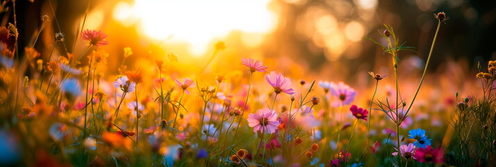 beauty of diverse flowers swaying in the gentle breeze of a meadow during the magical golden hour of sunset