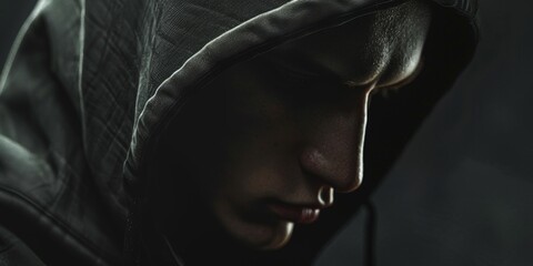 young man in a hooded hoodie close-up Generative AI