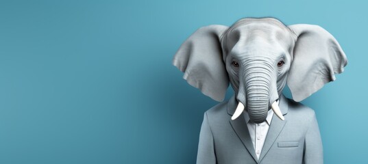 Anthropomorphic elephant in formal business attire in corporate setting, studio shot with copy space