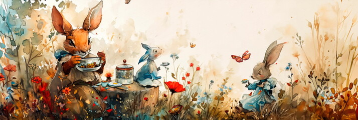 fairytale creatures having a tea party in a whimsical watercolor meadow, fanimals and fluttering butterflies. - obrazy, fototapety, plakaty