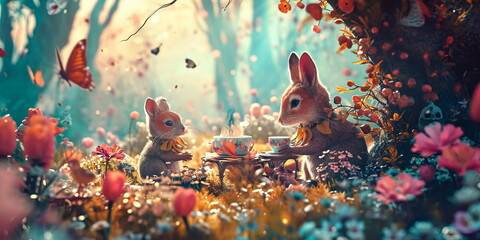 fairytale creatures having a tea party in a whimsical watercolor meadow, fanimals and fluttering butterflies. - obrazy, fototapety, plakaty
