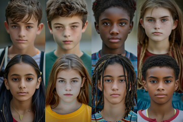 composite portrait of teenagers of different cultures headshots including all ethnic racial and geographic types of children in the world outside a city street - Powered by Adobe