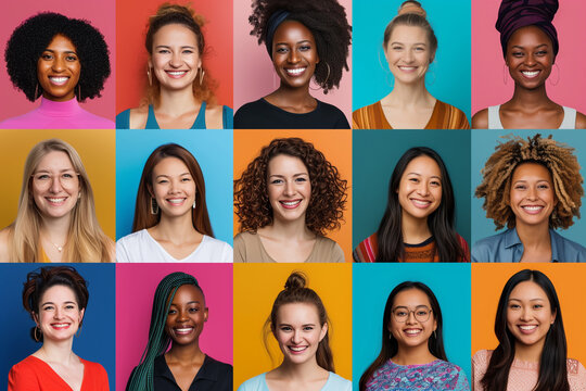 Composite portrait of headshots of different smiling  women from all genders and age including all ethnic racial and geographic types of women in the world on a colorful flat background