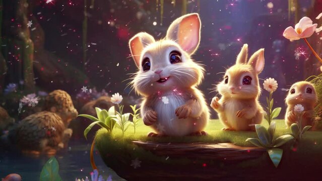 Adorable rabbit exploring the enchanted glowing forest Seamless looping 4k time-lapse virtual video animation background. Generated AI