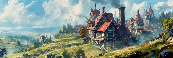Poster watercolor of fairytale cottages nestled among rolling hills, with smoke spiraling from charming chimneys © Maximusdn