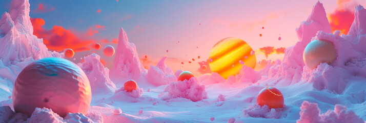 ice cream cosmos where planets made of pastel scoops orbit a candy sun, creating a delectable and whimsical universe. - obrazy, fototapety, plakaty