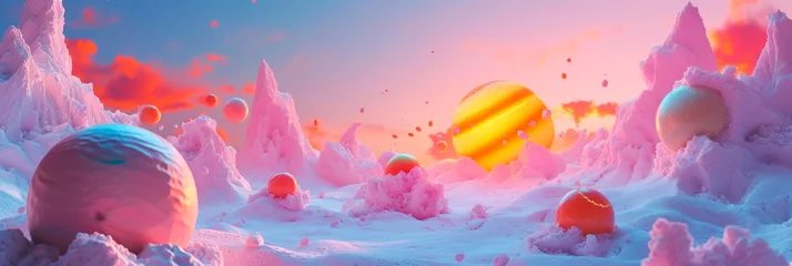 Foto op Aluminium ice cream cosmos where planets made of pastel scoops orbit a candy sun, creating a delectable and whimsical universe. © Maximusdn