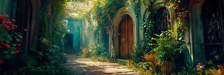 whimsical watercolor of a secret garden with hidden doorways, winding pathways, and fantastical flora.