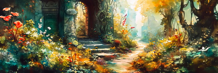 whimsical watercolor of a secret garden with hidden doorways, winding pathways, and fantastical flora.