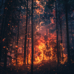 Blazing Forest Fire Consuming Trees in Fiery Inferno