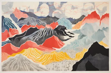 Papier Peint photo Lavable Montagnes World Map Landscape. Colorful Sketch Drawing of Mountain Peaks, Minimal Lino Cut Style Wallpaper Background