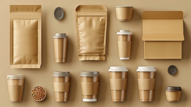 Blank realistic isolated pack for takeout breakfast or snack icon. Empty folded kraft grocery product container illustration set.