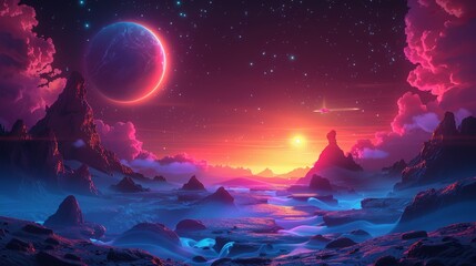 The background of a space game level with platforms. Modern illustration of alien planets, stars and spaceships for use as a interface in an arcade, computer animation, mobile or console game. - obrazy, fototapety, plakaty