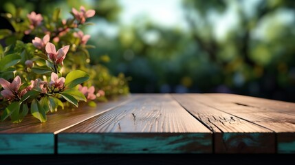 empty summer background with wooden surface and flowers on the side, for product presentation