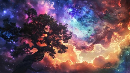 Ancient tree spreading its branches in front of a colorful cosmic sky filled with nebula and constellation of stars, fantasy landscape, abstract background in spiral composition