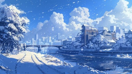 Anime-style illustration landscape of a city covered in snow