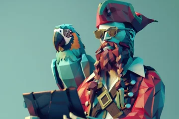Foto op Aluminium A pirate captain with a robotic parrot on his shoulder downloading classified information from a government database. low poly © JK_kyoto