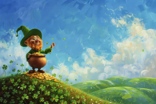 A St. Patrick's Day card featuring a jolly leprechaun, a shining pot of gold coins, and an abundance of vibrant green shamrocks, set against a backdrop of rolling green hills.