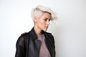 Fashionable young blonde woman in a leather jacket on a white background