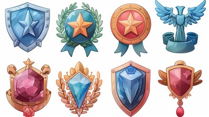 The rank badge set for military games has star insignia and stone, iron, silver, and gold textures. Level achievement icons with wings are also included. - obrazy, fototapety, plakaty