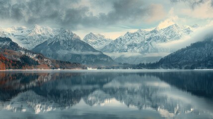 Mountain Ranges Reflected in Lake. Winter Sunset Misty Landscape, Natural Photograph of Beautiful Winter Sunrise or Sunset Background