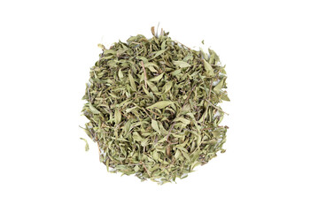 Top view of dried thyme on a white background.