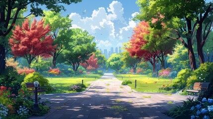Cartoon modern illustration of a city park in summer or spring with grass, trees, and paths. Cityscape background with green trees for strolling and recreation.