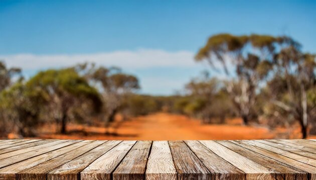 the empty wooden table top with blur background of australian outback exuberant image