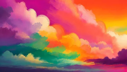 Zelfklevend Fotobehang Vermiljoen abstract art pastel rainbow sky with purple orange and green clouds in the style of vibrant stage backdrops with a dark pink and dark orange background